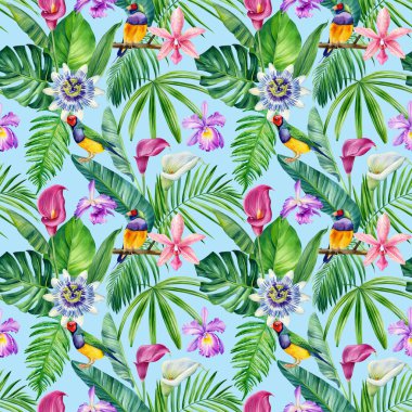 Kuş, güzel çiçekler, palmiye yaprağı çizimi. Tropik, pürüzsüz desen. Yüksek kaliteli illüstrasyon