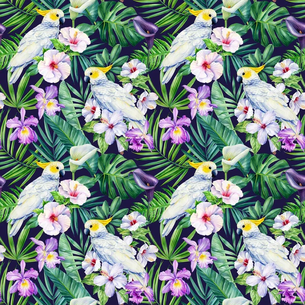 Aquarell Tropische Blätter Blumen Kakadu Papagei Handzeichnung Florales Nahtloses Muster — Stockfoto