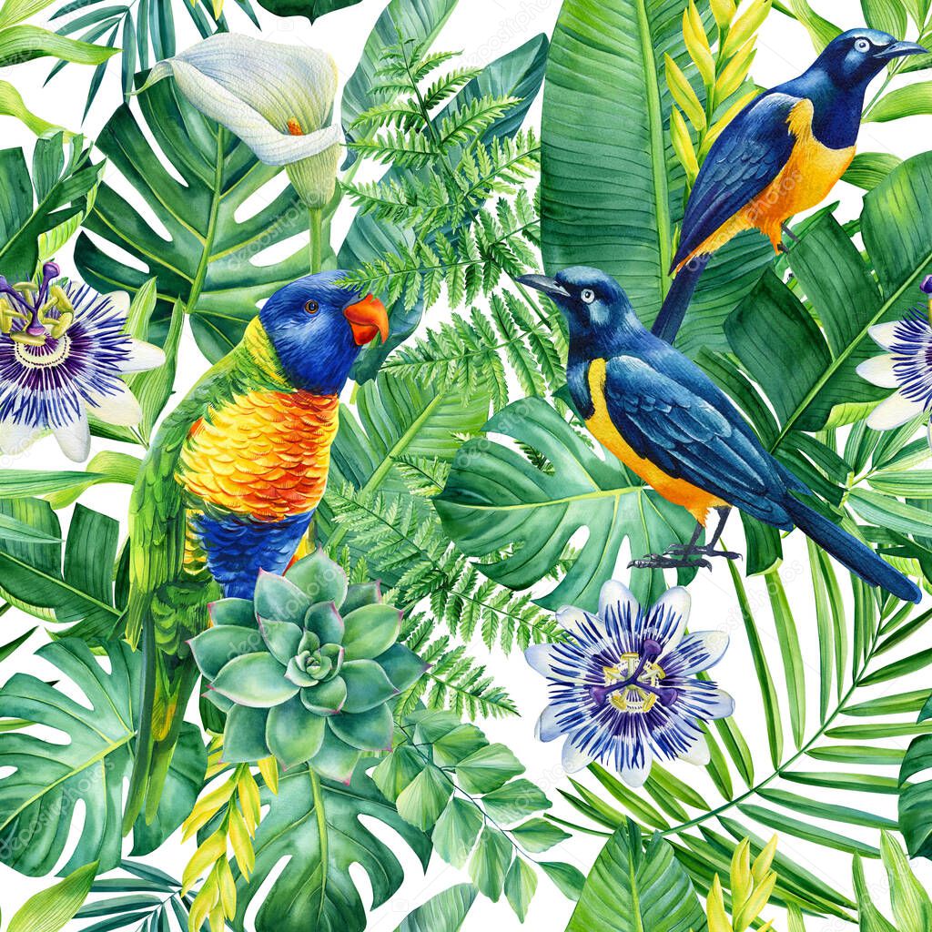 Flowers, tropical palm leaves and bird watercolor hand drawing. Floral seamless pattern. High quality illustration