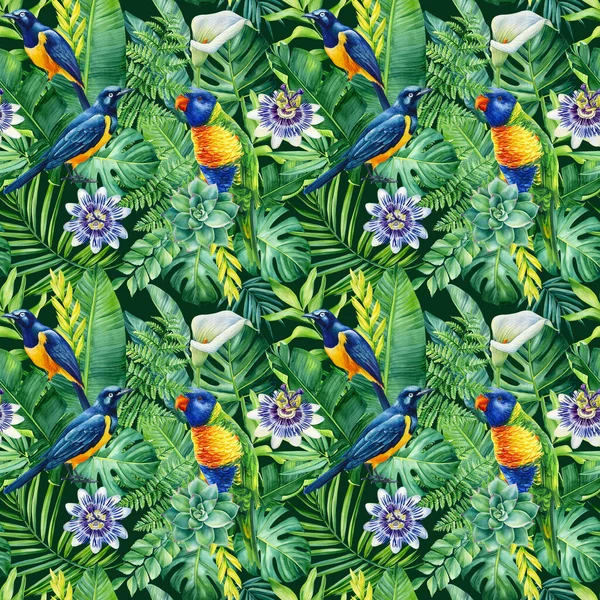 熱帯のヤシの葉や鳥の水彩画手描き 花のシームレスなパターン 高品質のイラスト — ストック写真