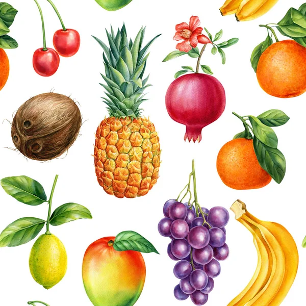 Sömlöst Mönster Mogna Akvarellfrukter Apelsin Citroner Banan Kokos Körsbär Och — Stockfoto