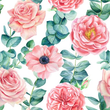 Kusursuz okaliptüs yaprakları, gül, yalıtılmış bir zemin üzerinde anemon çiçeği. Çiçekli suluboya resim. Yüksek kaliteli illüstrasyon