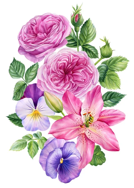 Sommerblumen Stiefmütterchen Lilie Rosen Blätter Und Knospen Auf Weißem Hintergrund — Stockfoto