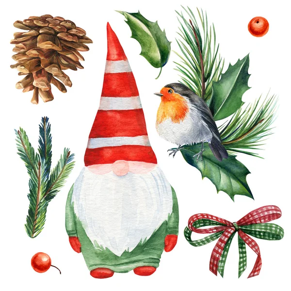Jul Tomte Och Fågel Robin Akvarell Vit Isolerad Bakgrund Semester — Stockfoto