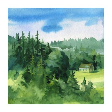 Yaz manzarası. Suluboya çizimi. Yeşil ağaçlar. Yüksek kaliteli illüstrasyon