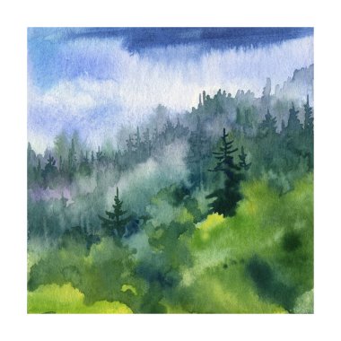 Peyzaj suluboya, yeşil el çizimi doğa. Yüksek kaliteli illüstrasyon