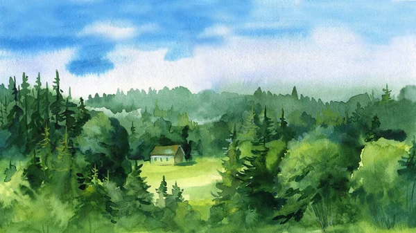 Summer landscape watercolor, green hand drawn nature. High quality illustration