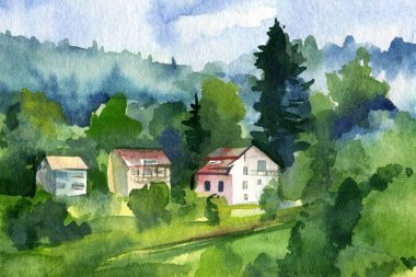 Suluboya manzara. El çizimi çizimi, güneşli bir yaz günü. Yüksek kaliteli illüstrasyon