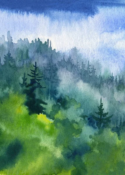 landscape watercolor, green hand drawn nature. High quality illustration