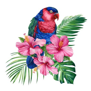 Tropical palm leaves, hibiscus flower and parrot, isolated white background, watercolor painting, jungle design. High quality illustration