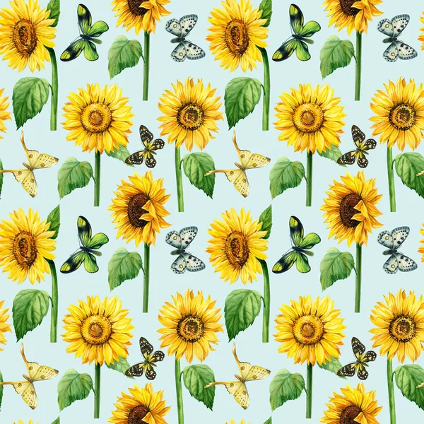 Sunflowers Butterflies Watercolor Flowers Seamless Patterns Blue Background High Quality — ストック写真