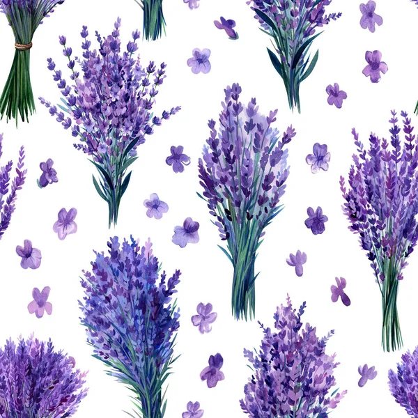 Beautiful Lavender Flowers Seamless Pattern Watercolor Hand Drawing Botanical Illustration — 图库照片