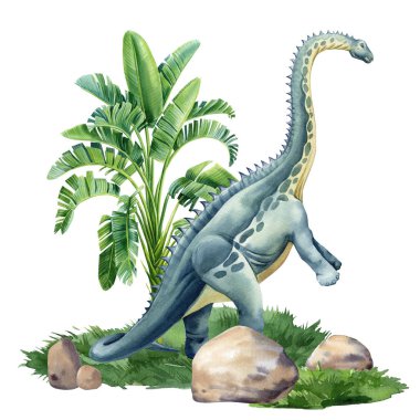 Watercolor dinosaur isolated on white background. Dinosaur on landscape with nature palm trees . High quality illustration