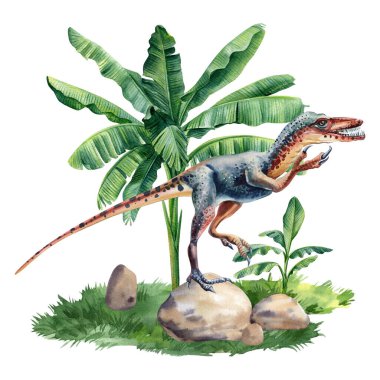 Beyaz arka planda izole edilmiş suluboya dinozor. Dinozor doğada palmiye ağaçlarıyla birlikte. Yüksek kaliteli illüstrasyon