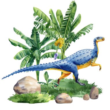 Beyaz arka planda izole edilmiş suluboya dinozor. Dinozor doğada palmiye ağaçlarıyla birlikte. Yüksek kaliteli illüstrasyon