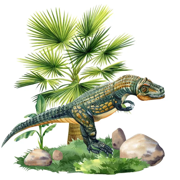 Watercolor Dinosaur Isolated White Background Dinosaur Landscape Nature Palm Trees — Foto Stock