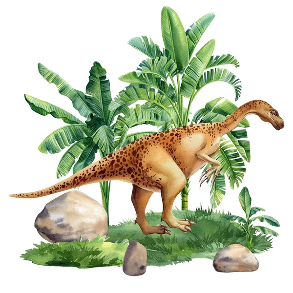 Акварельний Динозавр Ізольований Білому Тлі Динозавр Ландшафті Деревами Природи Високоякісна — стокове фото