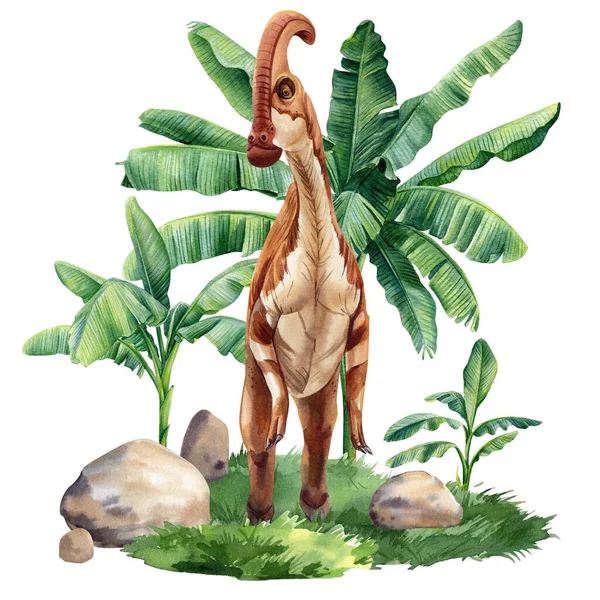 Watercolor Dinosaur Isolated White Background Dinosaur Landscape Nature Palm Trees — Zdjęcie stockowe