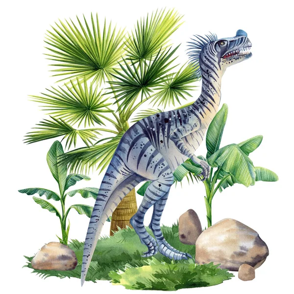 Watercolor Dinosaur Isolated White Background Dinosaur Landscape Nature Palm Trees — Foto Stock