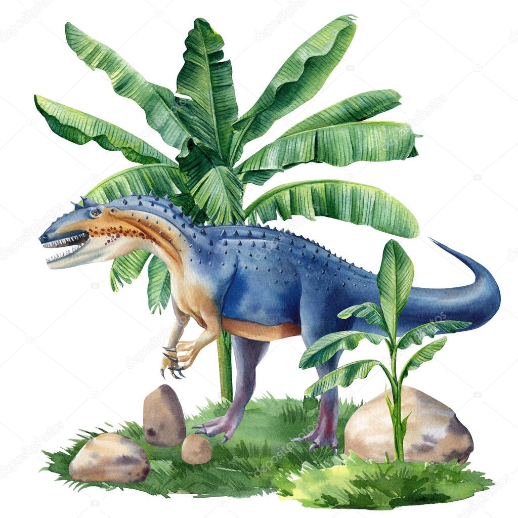 Watercolor dinosaur isolated on white background. Dinosaur on landscape with nature palm trees . High quality illustration