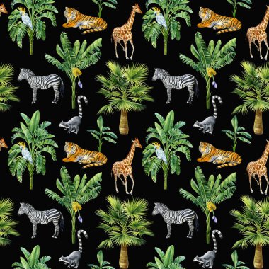 Palmiye ağaçları, hayvanlar, zebra, kaplan, fil ve lemur içeren tropik bir arka plan. Kusursuz desenler. Yüksek kaliteli illüstrasyon