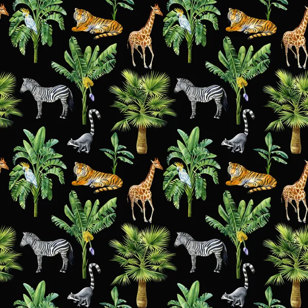 Tropical Background Palm Trees Animals Zebra Tiger Elephant Lemur Seamless — Stok fotoğraf