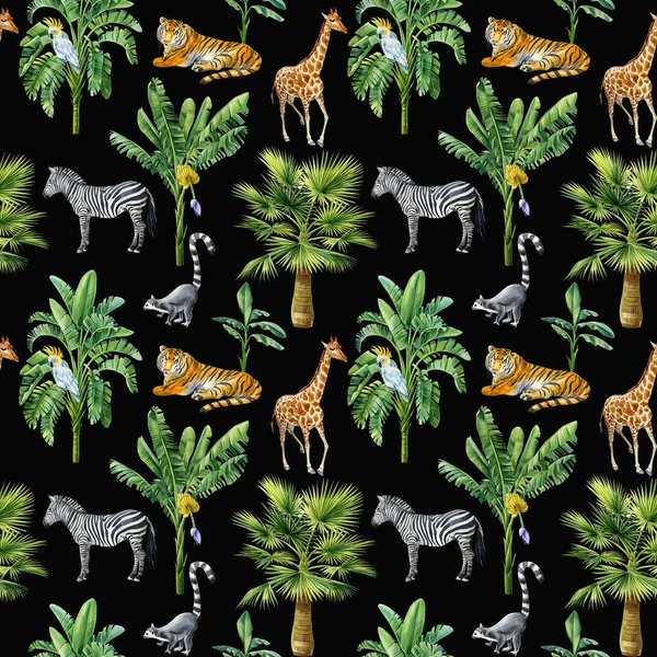Tropical background with palm trees and animals, zebra, tiger, elephant and lemur. Seamless patterns. High quality illustration