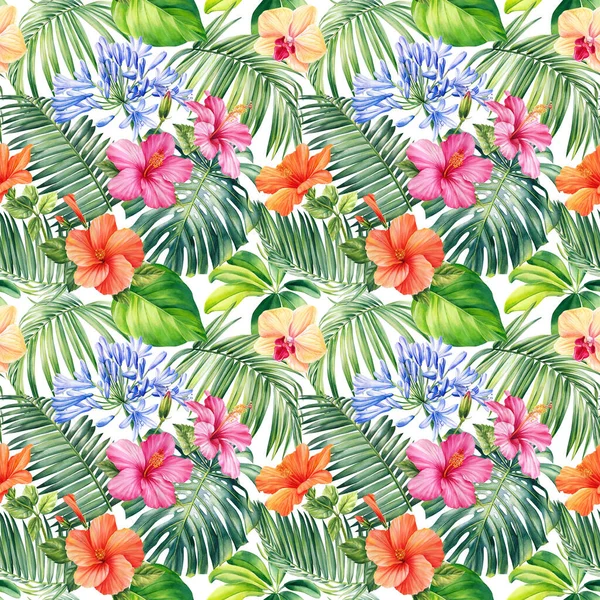 Palm leaves, tropical flowers, floral Seamless patterns. High quality illustration