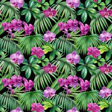 Palmiye yaprakları, tropik çiçek orkidesi, beyaz arka planda amber çiçeği, suluboya botanik. Kusursuz desenler. Yüksek kaliteli illüstrasyon