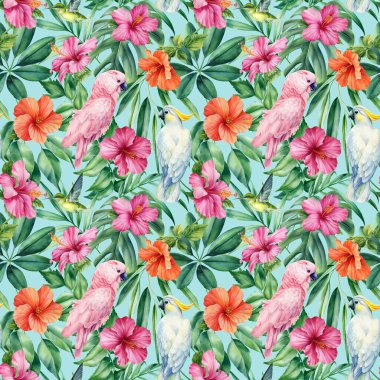 Palmiye yaprakları, tropik çiçekler ve papağan. Suluboya çizimi. Kusursuz desenler. Yüksek kaliteli illüstrasyon