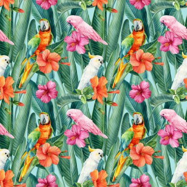 Tropik kusursuz desenler. Palmiye yaprakları, çiçekler ve papağan. Suluboya çizimi. - Evet. Yüksek kaliteli illüstrasyon