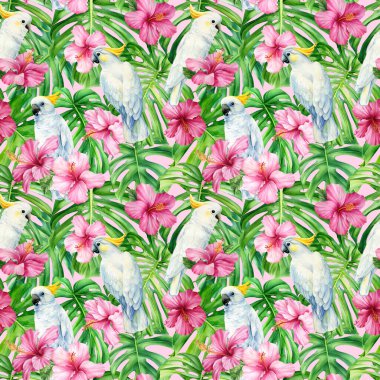 Palmiye yaprakları, tropik çiçekler ve beyaz papağan. Suluboya bitki. Kusursuz desenler. Yüksek kaliteli illüstrasyon