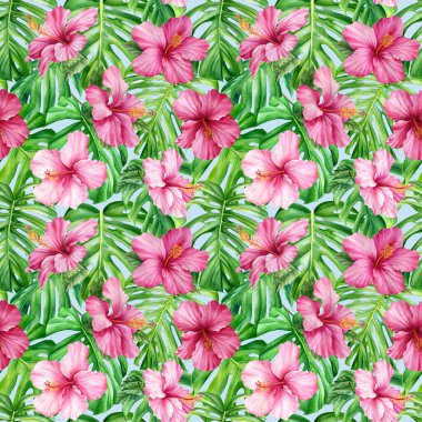Seamless tropical pattern. Palm leaves, tropical pink hibiscus flowers. . High quality illustration
