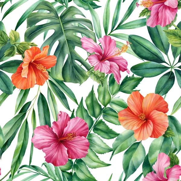 Palm leaves, tropical flowers, hibiscus watercolor botanical illustration. Seamless patterns. High quality illustration