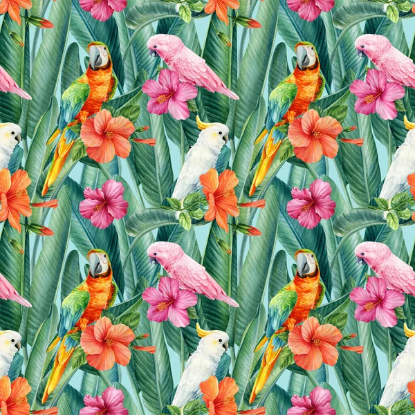 Tropical Seamless Patterns Palm Leaves Flowers Parrot Watercolor Illustration High — Fotografia de Stock