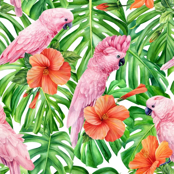 Пальмове Листя Тропічні Квіти Папуга Акварельна Ілюстрація Безшовні Візерунки Високоякісна — стокове фото