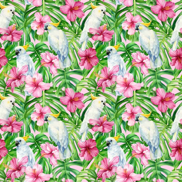 Palmiye Yaprakları Tropik Çiçekler Beyaz Papağan Suluboya Bitki Kusursuz Desenler — Stok fotoğraf