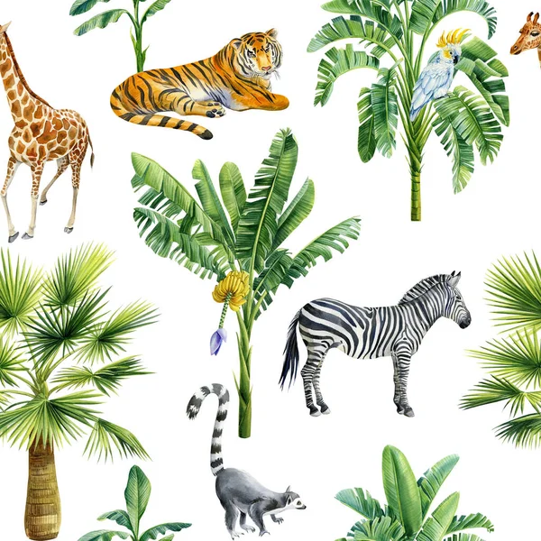 Tropical Background Palm Trees Animals Zebra Tiger Elephant Lemur Seamless — Zdjęcie stockowe