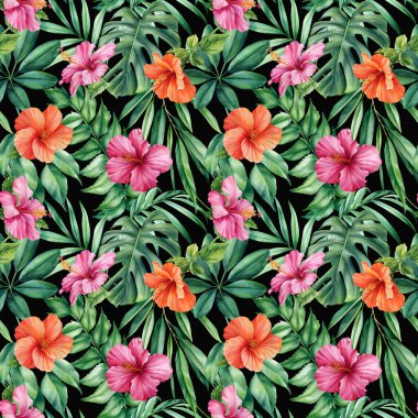 Palmiye yaprakları, tropikal çiçekler, amberçiçeği suluboya botanik çizimler. Kusursuz desenler. Yüksek kaliteli illüstrasyon