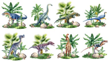 Realistic dinosaur isolated on white background. Hand painted watercolor dinosaurs illustration set. High quality illustration