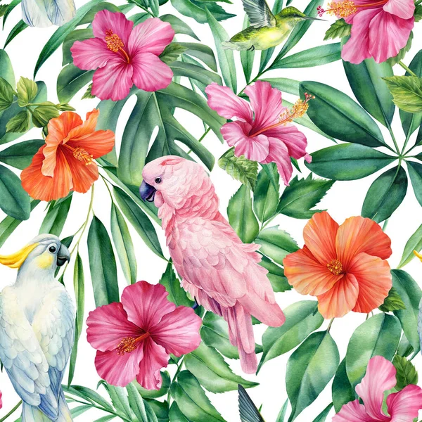 Palm leaves, tropical flowers and parrot. Watercolor illustration. Seamless patterns. High quality illustration