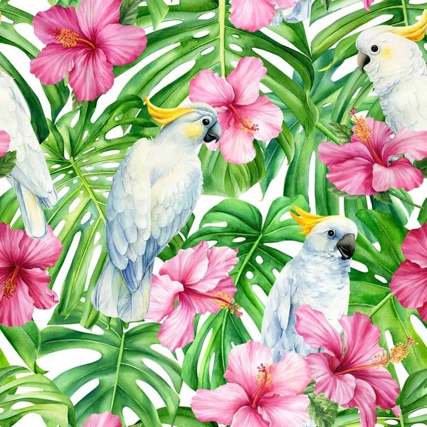 Palm Leaves Tropical Flowers White Parrot Watercolor Illustration Seamless Patterns — Stok fotoğraf