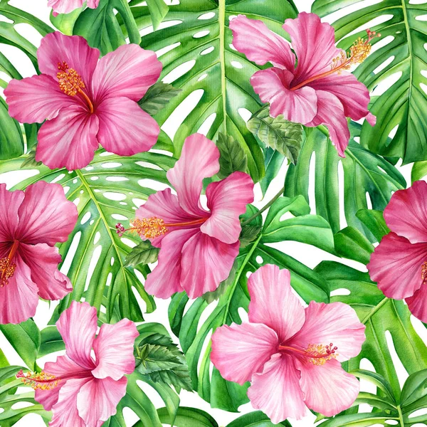 Watercolor Tropical Pattern Palm Leaves Tropical Pink Hibiscus Flowers Seamless — Stok fotoğraf