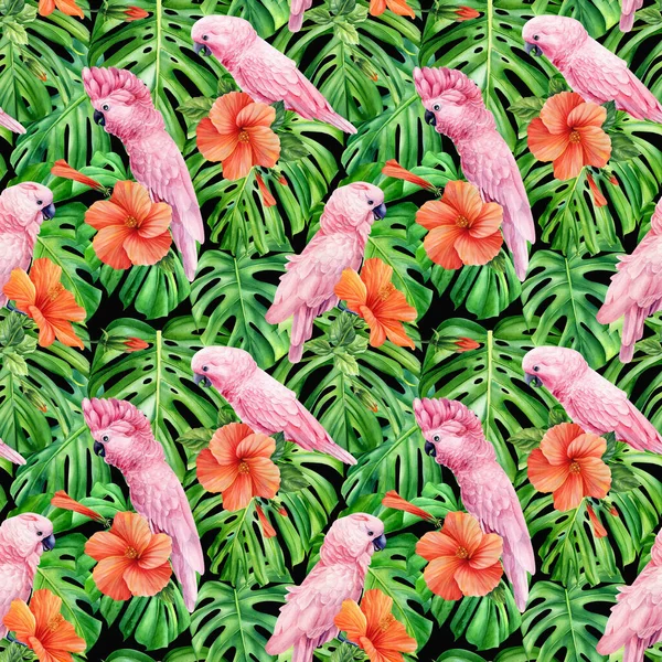Palm leaves, tropical flowers and pink parrot. Watercolor illustration. Seamless patterns. High quality illustration