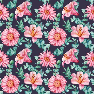 Çiçeksiz desen. Pembe zambak ve Gerbera, suluboya flora duvar kağıdı. Yüksek kaliteli illüstrasyon