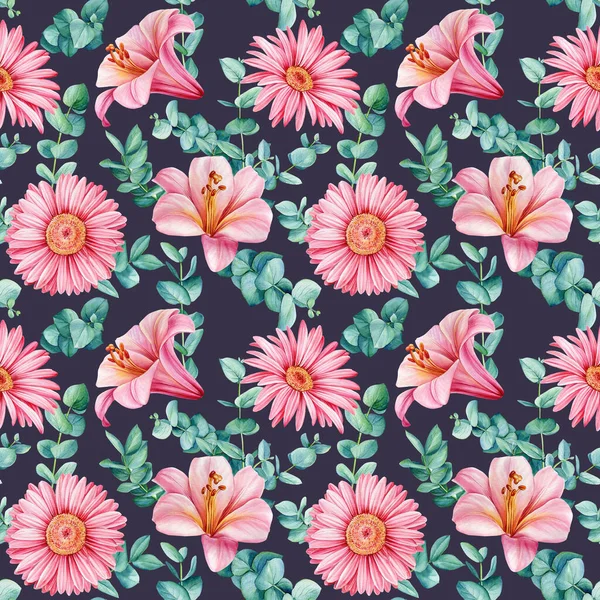 Flower Seamless Pattern Pink Lily Gerbera Watercolor Flora Wallpaper High — стоковое фото
