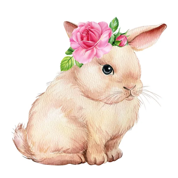 Bunny Rose Flowers White Background Animal Illustration Poster Cute Rabbit — Φωτογραφία Αρχείου