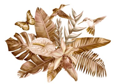 Tropical bouquet palm leaves and flowers on isolated white background, watercolor illustration, autumn floral design. High quality illustration