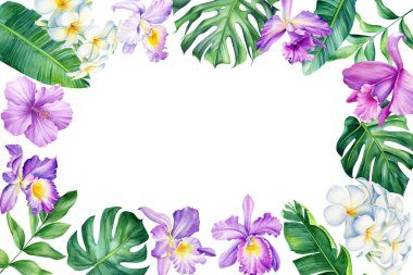 Frame from watercolor palm leaves and flowers on isolated white background, wedding floral design. High quality illustration