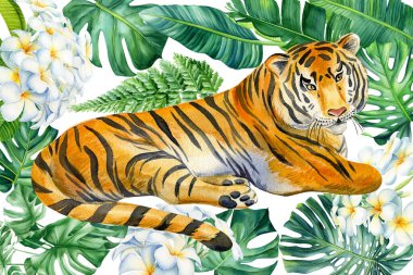 Watercolor Tiger, palm trees, green leaves, monstera, exotic flowers summer illustration. Tropical greeting card. . High quality illustration